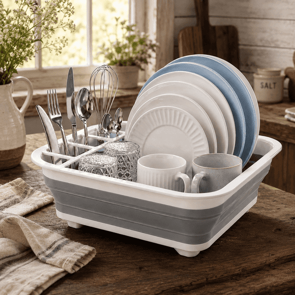 RV and Camper Dish Drying Station, Compact Collapsible Rack with Removable Cutlery Holders for Kitchen Counter, Sink Area and Outdoor Trips