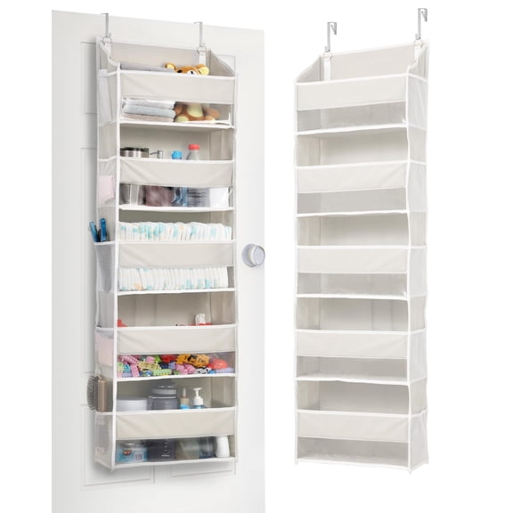 RV essentials 1-Pack Over Door Organizer with 5 Large Pockets 10 Mesh Side Pockets, 44 lbs Weight Capacity Hanging Storage Organizer with Clear Window for Bedroom Bathroom Kitchen, RV, Camper(Beige)