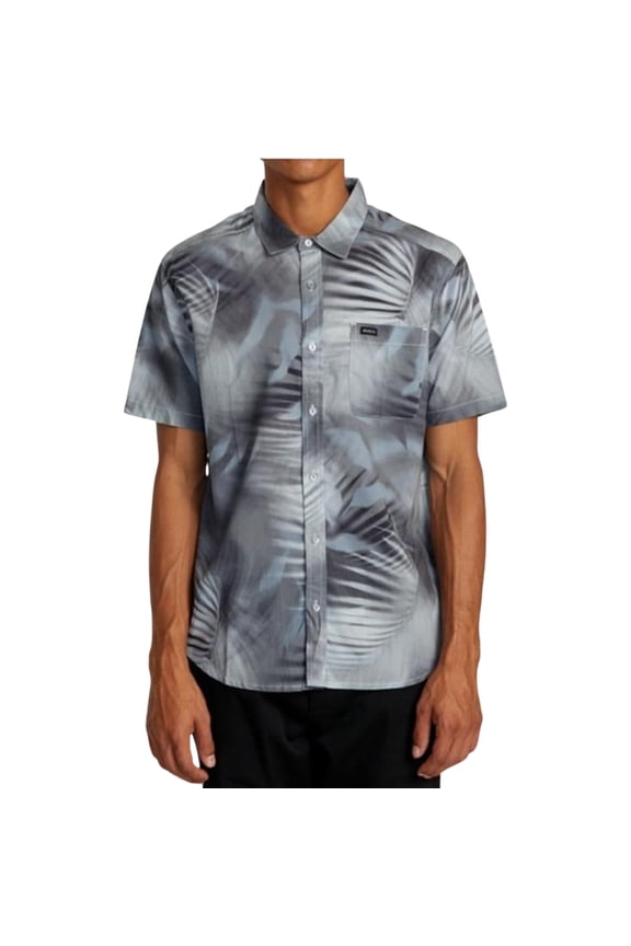 Men's Spray Palm Woven Short Sleeve Button Up Shirt Large Gray