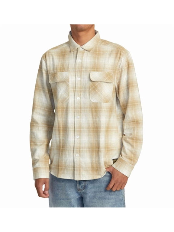 Mens Long Sleeve Woven Button Front Flannel Shirt - Dayshift Flannel (Khaki, Large)