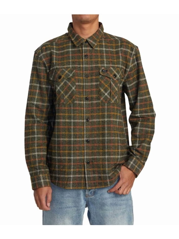 Mens Long Sleeve Woven Button Front Flannel Shirt - Hughes Flannel (Warm Grey, Medium)