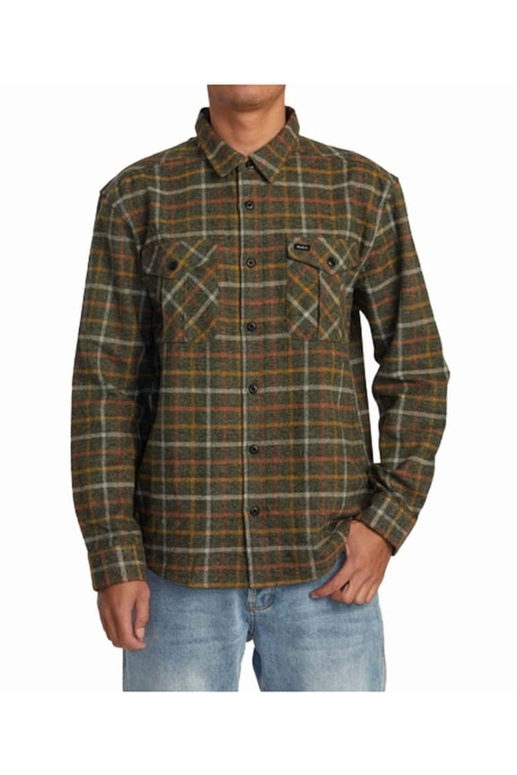 Mens Long Sleeve Woven Button Front Flannel Shirt - Hughes Flannel (Warm Grey, Small)