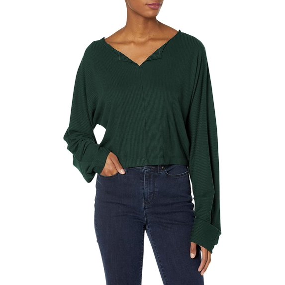 RVCA Women's Jet Setter Oversized Ribbed Knit Cropped V-Neck Long Sleeve Top (Medium, Pine)