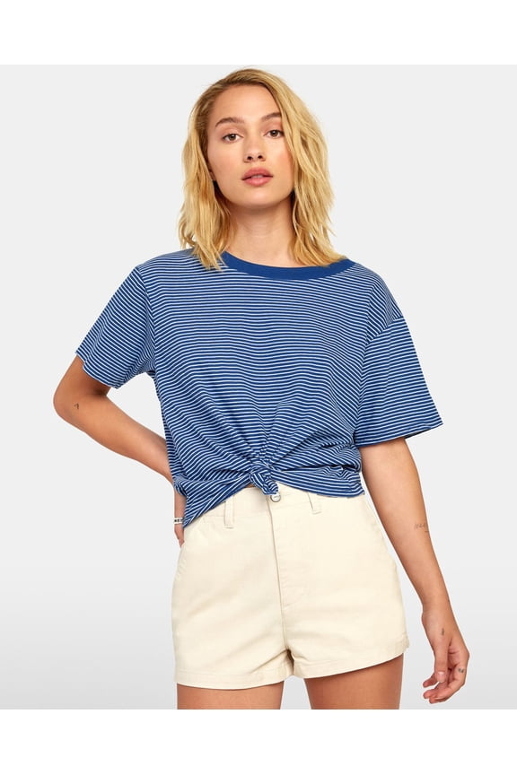 Women's Radley Blue Striped Center Front Knot Relaxed Fit Tee T-Shirt (Large, Blue)