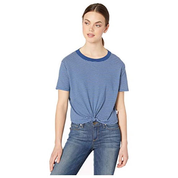 RVCA Women's Radley Blue Striped Center Front Knot Relaxed Fit Tee T-Shirt (X-Small, Blue)