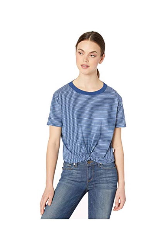 Women's Radley Blue Striped Center Front Knot Relaxed Fit Tee T-Shirt (X-Small, Blue)