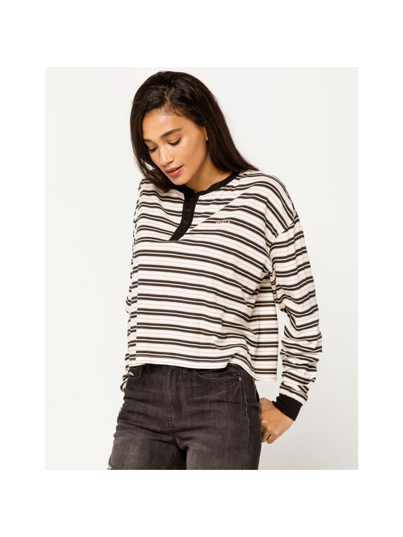 Women's Severin Stripe Henley Crop Long Sleeve Tee T-Shirt Top (X-Small, Black/Brown/White)