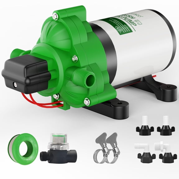 RVGUARD 12V DC Self Priming Water Pump, 3.5 GPM 45 PSI, Green Plastic Diaphragm Pump with Strainer Filter, Adapters, for RV, Yacht, Garden, Camper