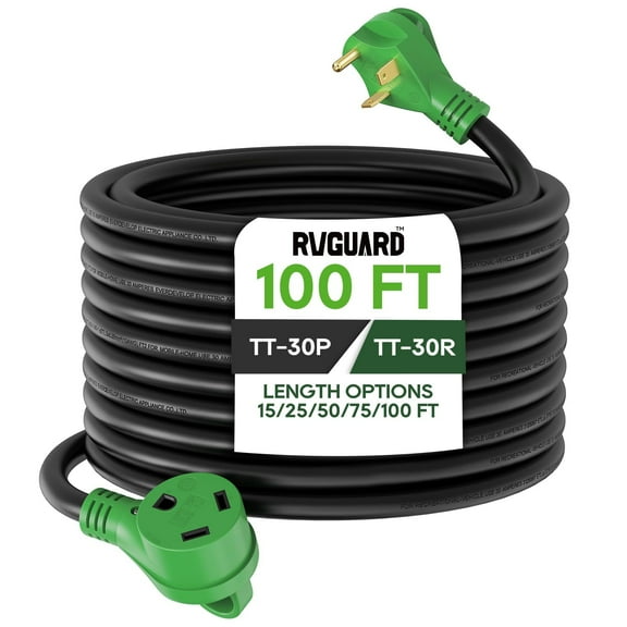 RVGUARD 25 Amp 100 Foot RV Extension Cord, Heavy Duty 10/3 Gauge STW Cord with LED Power Indicator and Cord Organizer, TT-30P/R Standard Plug, Green, ETL Listed