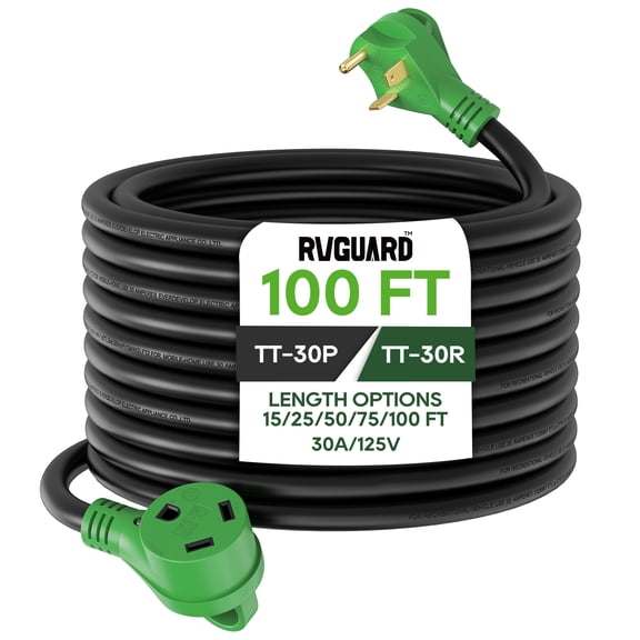 RVGUARD 25 Amp 100 Foot RV Extension Cord, Heavy Duty 10/3 Gauge STW Cord with LED Power Indicator and Cord Organizer, TT-30P/R Standard Plug, Green, ETL Listed