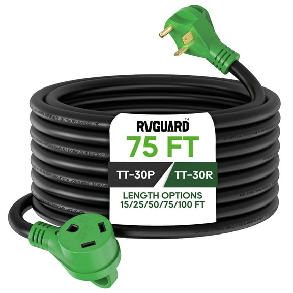 RVGUARD 25 Amp 75 Foot RV Extension Cord, Heavy Duty 10/3 Gauge STW Cord with LED Power Indicator and Cord Organizer, TT-30P/R Standard Plug, Green, ETL Listed