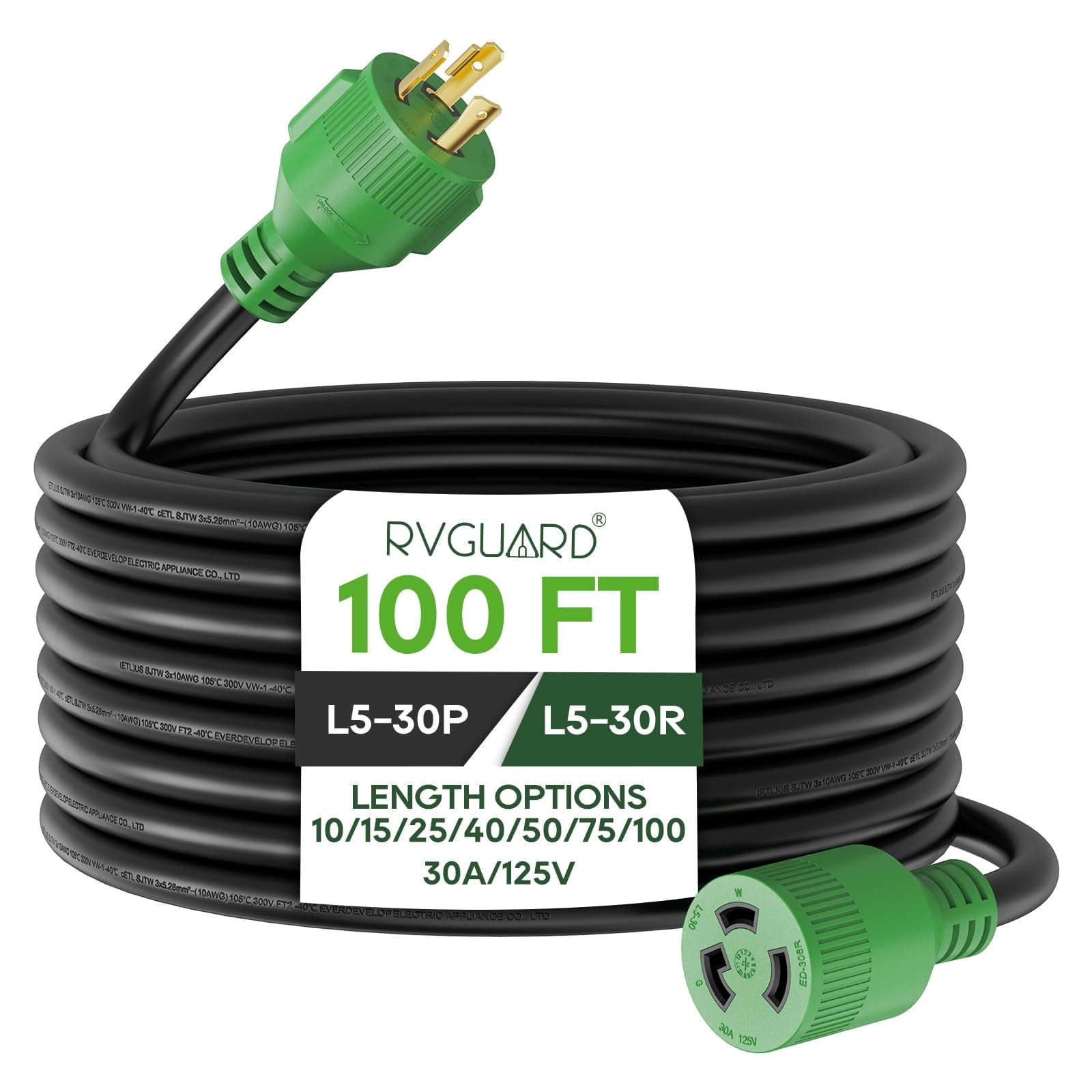 RVGUARD 3 Prong 30 Amp 100 Foot Generator Extension Cord, NEMA L5-30P/L5-30R 125V 10 Gauge SJTW Generator Power Cord with Cord Organizer, ETL Listed