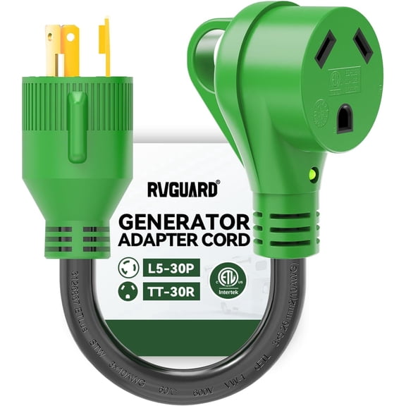 RVGUARD 3 Prong 30 Amp to 30 Amp RV Generator Adapter Cord 12 Inch STW 10/3, L5-30P Locking Male Plug to TT-30R Female with LED Power Indicator, Green