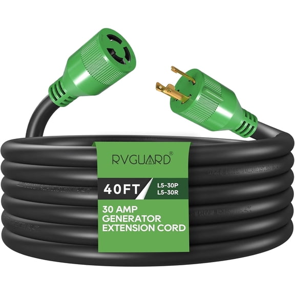 RVGUARD 3 Prong 30 Amp 40 Foot Generator Extension Cord, NEMA L5-30P/L5-30R 125V 10 Gauge SJTW Generator Power Cord with Cord Organizer, ETL Listed