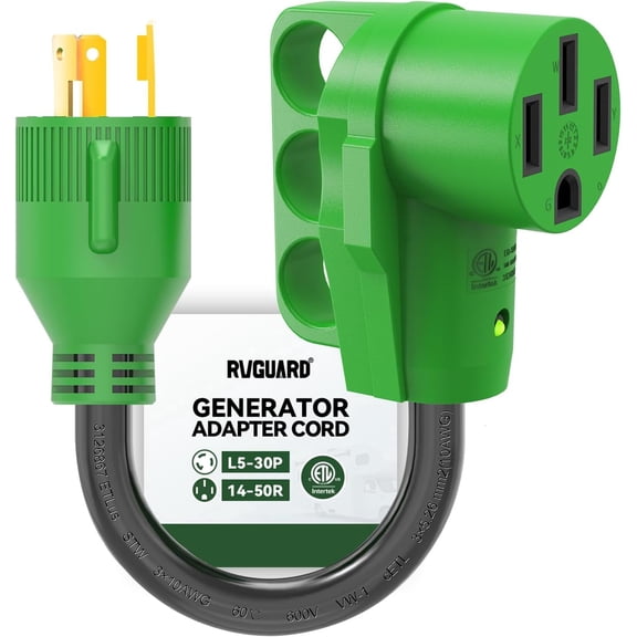 RVGUARD 3 Prong 30 Amp to 50 Amp RV Generator Adapter Cord 12 Inch, STW 10/3, L5-30P Locking Male Plug to 14-50R Female with LED Power Indicator, Green