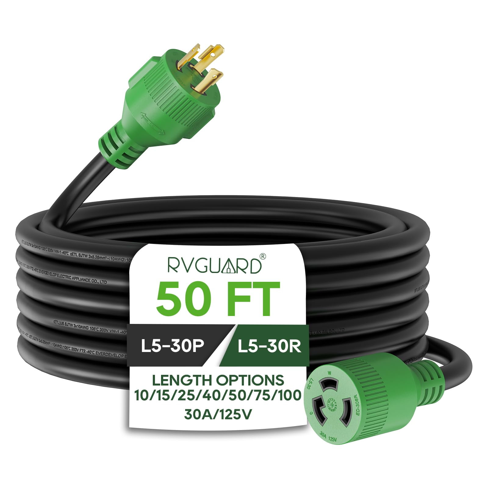 RVGUARD 3 Prong 30 Amp 50 Foot Generator Extension Cord, NEMA L5-30P/L5-30R 125V 10 Gauge SJTW Generator Power Cord with Cord Organizer, ETL Listed