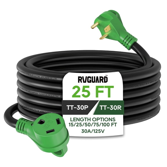 RVGUARD 30 Amp 25 Foot RV Extension Cord, Heavy Duty 10/3 Gauge STW Cord with LED Power Indicator and Cord Organizer, TT-30P/R Standard Plug, Green, ETL Listed