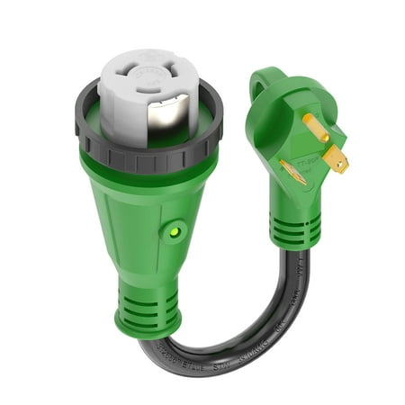RVGUARD 30 Amp to 50 Amp RV Adapter with Locking Connector 12 Inch, NEMA TT-30P Male to NEMA SS2-50R Female Dogbone Electrical Converter with LED Power Indicator, Green, ETL Listed