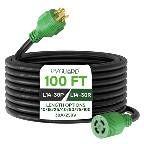 RVGUARD 4 Prong 30 Amp 100 Foot Generator Extension Cord, NEMA L14-30P/L14-30R, 125/250V Up to 7500W 10 Gauge SJTW Generator Cord with Cord Organizer, ETL Listed