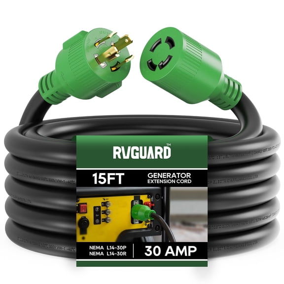RVGUARD 4 Prong 30 Amp 15 Foot Generator Extension Cord, NEMA L14-30P/L14-30R, 125/250V Up to 7500W 10 Gauge SJTW Generator Cord, ETL Listed