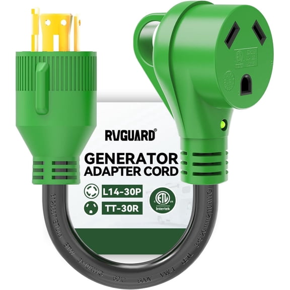 RVGUARD 4 Prong 30 Amp to 30 Amp RV Generator Adapter Cord 12 Inch, STW 10/3, L14-30P Locking Male Plug to TT-30R Female with LED Power Indicator, Green