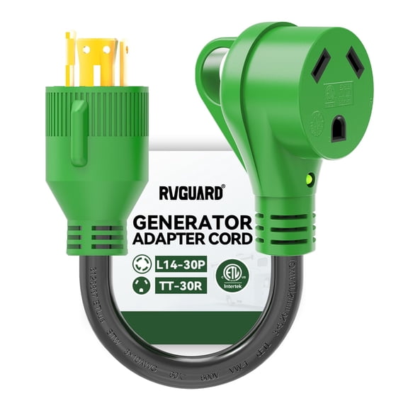 RVGUARD 4 Prong 30 Amp to 30 Amp RV Generator Adapter Cord 12 Inch, STW 10/3, L14-30P Locking Male Plug to TT-30R Female with LED Power Indicator, Green