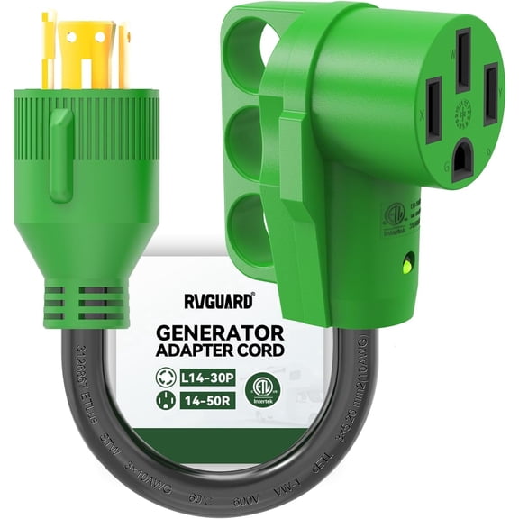 RVGUARD 4 Prong 30 Amp to 50 Amp RV Generator Adapter Cord 12 Inch STW, L14-30P Locking Male Plug to 14-50R Female with LED Power Indicator, Green