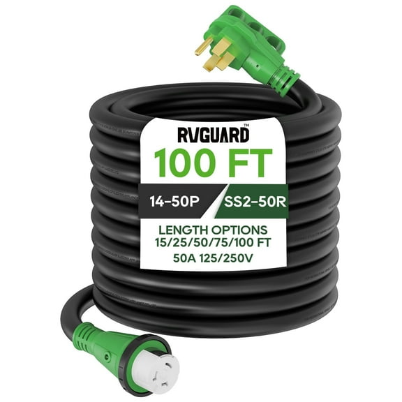 RVGUARD 50 Amp 100 Foot RV Power Cord, 14-50P to SS2-50R Generator Extension Cord, Heavy Duty STW Cord with LED Power Indicator and Cord Organizer, Green, ETL Listed