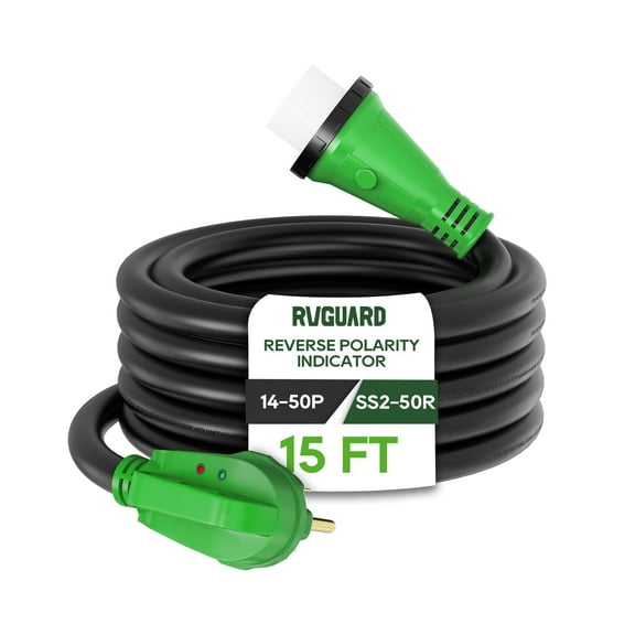 RVGUARD 50 Amp 15 Foot RV Power Cord with Reverse Polarity Indicator, 14-50P to SS2-50R Generator Extension Cord, Heavy Duty STW Cord with LED Power Indicator and Cord Organizer, Green, ETL Listed