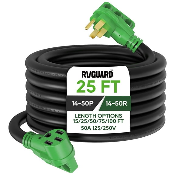 RVGUARD 50 Amp 25 Foot RV/EV Extension Cord, NEMA 14-50P/R Heavy Duty Extension Cord with LED Power Indicator and Cord Organizer, Green, ETL Listed