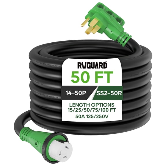 RVGUARD 50 Amp 50 Foot RV Power Cord, 14-50P to SS2-50R Generator Extension Cord, Heavy Duty STW Cord with LED Power Indicator and Cord Organizer, Green, ETL Listed