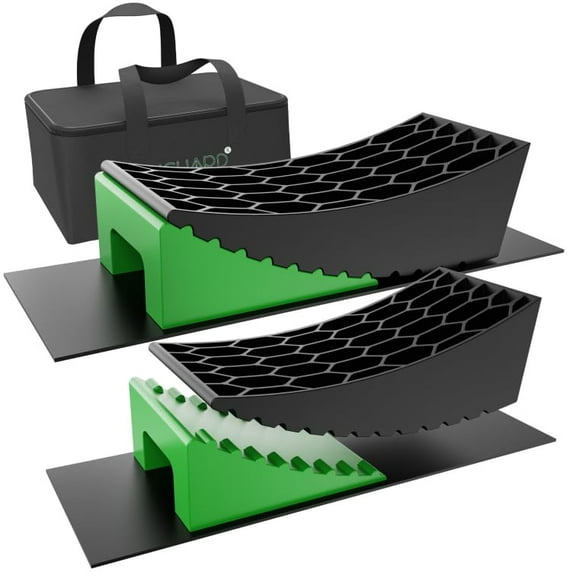 RVGUARD Camper Levelers, Up to 35,000 lbs RV Camper Leveling Kit with Curved Levelers and Wheel Chocks, Offers Gradual Height Changes Instead of Block Height Increments, Comes with Anti-Slip Mats