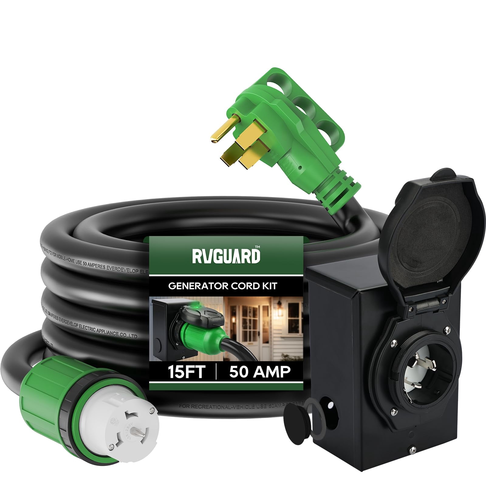 RVGUARD Emergency Power Combo Kit, 15 Foot 50 Amp Generator Cord and ...