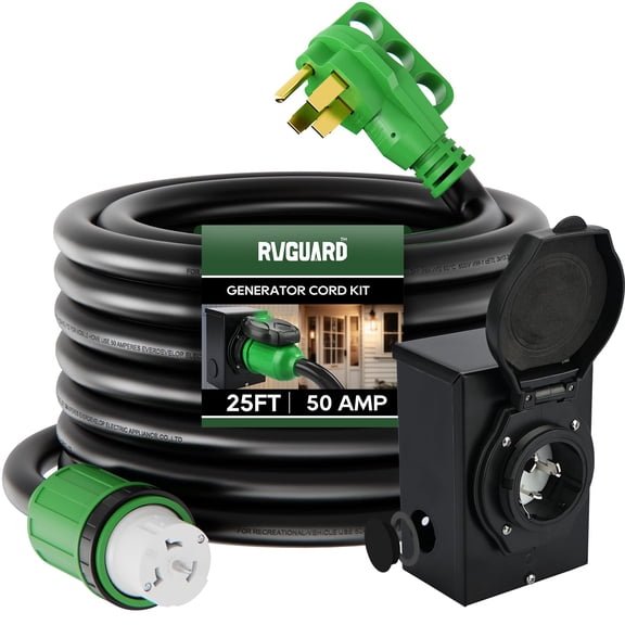 RVGUARD Emergency Power Combo Kit, 25 Foot 50 Amp Generator Cord and Power Inlet Box, NEMA 14-50P to SS2-50R Generator Cord with NEMA SS2-50P Pre-Drilled Generator Inlet Box, ETL Listed