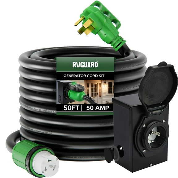 RVGUARD Emergency Power Combo Kit, 50 Foot 50 Amp Generator Cord and Power Inlet Box, NEMA 14-50P to SS2-50R Generator Cord with NEMA SS2-50P Pre-Drilled Generator Inlet Box, ETL Listed