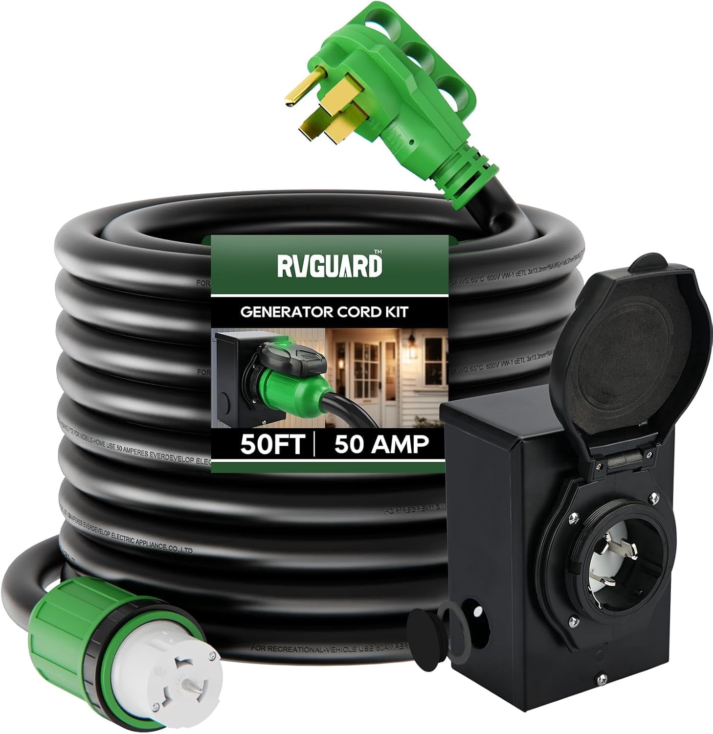 RVGUARD Emergency Power Combo Kit, 50 Foot 50 Amp Generator Cord and ...