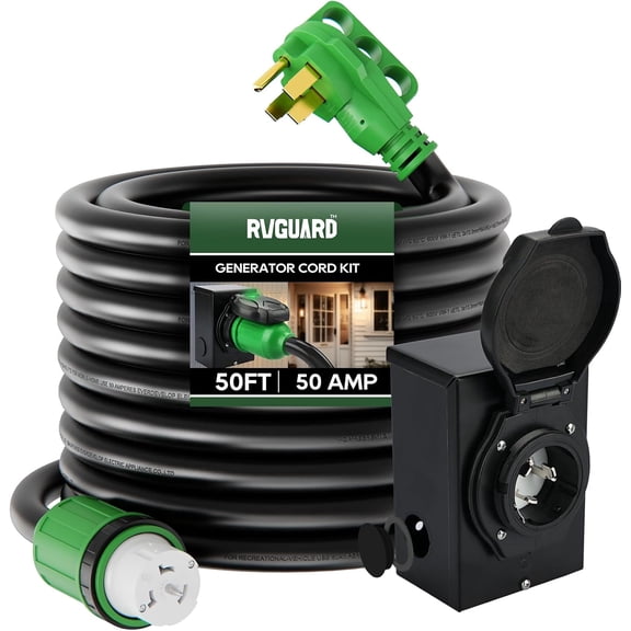 RVGUARD Emergency Power Combo Kit, 50 Foot 50 Amp Generator Cord and Power Inlet Box, NEMA 14-50P to SS2-50R Generator Cord with NEMA SS2-50P Pre-Drilled Generator Inlet Box, ETL Listed