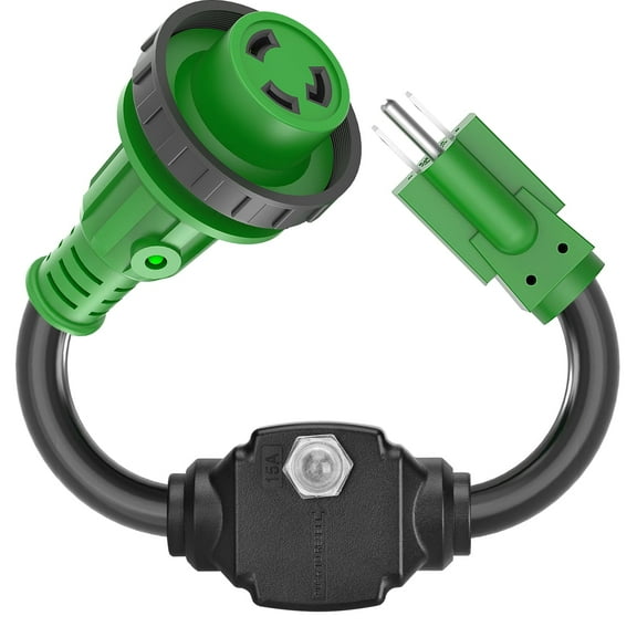 RVGUARD Overload Protector 30 Amp to 110 Volt RV Adapter Cord with Circuit Breaker, NEMA 5-15P to NEMA L5-30R Electrical Power Adapter with LED Power Indicator, 18 Inch, Green, ETL Listed