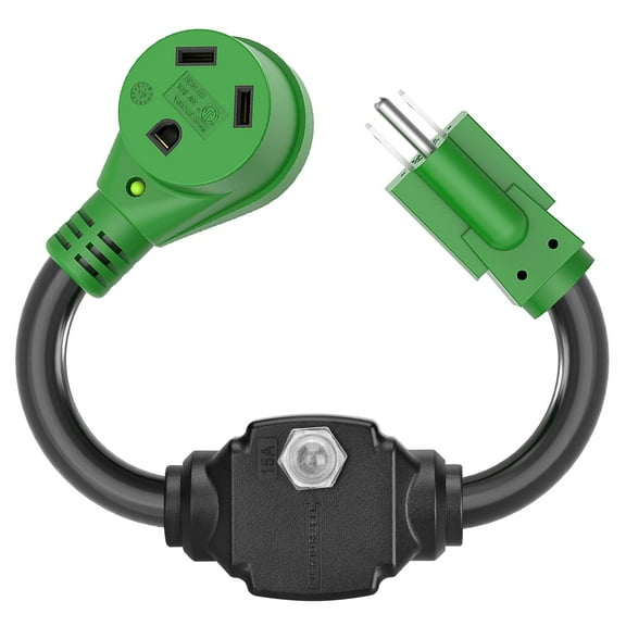 RVGUARD Overload Protector 30 Amp to 110 Volt RV Adapter Cord with Circuit Breaker, NEMA 5-15P to NEMA TT-30R Electrical Power Adapter with LED Power Indicator, 18 Inch, Green, ETL Listed