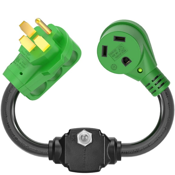 RVGUARD Overload Protector 50 Amp to 30 Amp RV Adapter Cord with Circuit Breaker, NEMA 14-50P to NEMA TT-30R Electrical Power Adapter with LED Power Indicator, 18 Inch, Green, ETL Listed