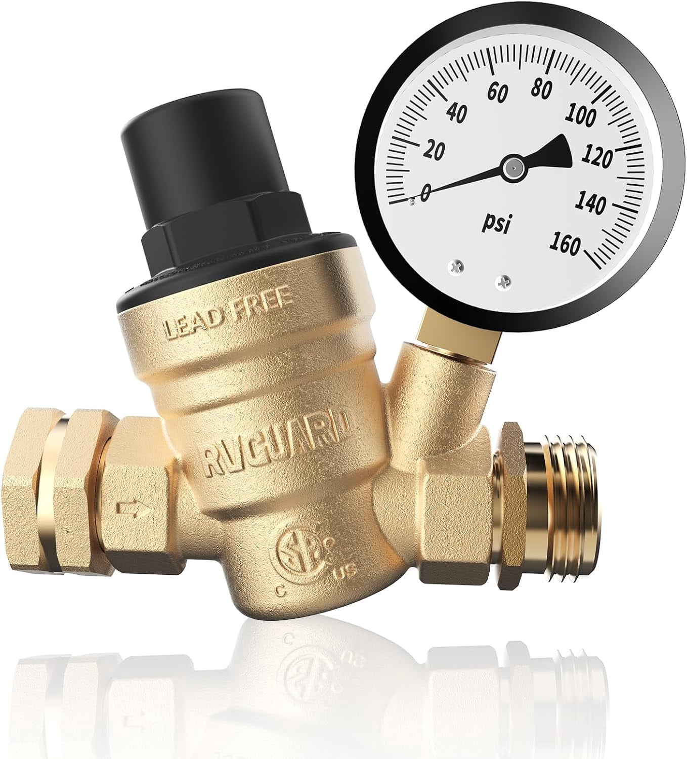 RVGUARD RV Water Pressure Regulator Valve, Lead-Free Brass Adjustable Water Pressure Reducer with Gauge and Inlet Screen Filter for RV Camper Travel Trailer