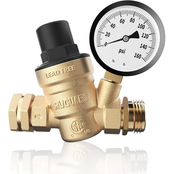 RVGUARD RV Water Pressure Regulator Valve, Lead-Free Brass Adjustable Water Pressure Reducer with Gauge and Inlet Screen Filter for RV Camper Travel Trailer