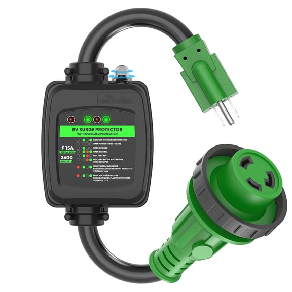 RVGUARD Surge Protector 30 Amp to 110 Volt RV Adapter Cord with Overload Protection, NEMA 5-15P to NEMA L5-30R Electrical Power Adapter, 2 Feet, Green, ETL Listed