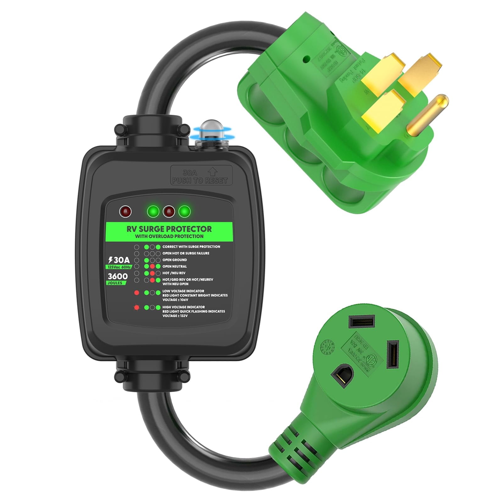 RVGUARD Surge Protector 50 Amp to 30 Amp RV Adapter Cord with Overload Protection, NEMA 14-50P to NEMA TT-30R Electrical Power Adapter, 2 Feet, Green, ETL Listed