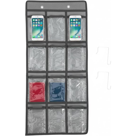 RVKXHD 12 Clear Pockets Classroom Pocket Chart for Cell Phones, Cell Phones Calculator Holder for Classroom Storage, Wall Door Hanging Organizer, Grey