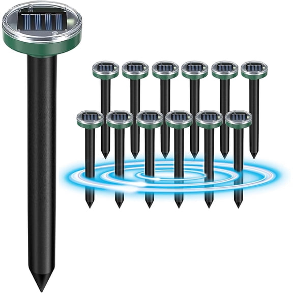 RVKXHD 12 Pack Mole Repellent Solar Powered Snake Repellent Ultrasonic, Gopher Repeller Sonic Mole Deterrent Spikes, Snake Gopher Vole Repellent Outdoor for Lawn Garden & Yard-Green, ABS, PC System