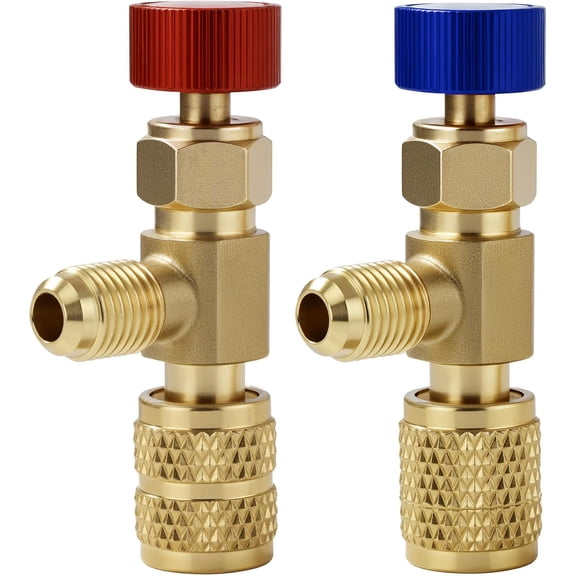 RVKXHD 2 Pcs Refrigerant Charging Valve Set for HVAC, 1/4 in and 5/16 in Safety Adapter Brass Flow Control Ball Valve, Low Loss Fittings for R12 R22 R410 Air Conditioner Manifold Maintenance Kit