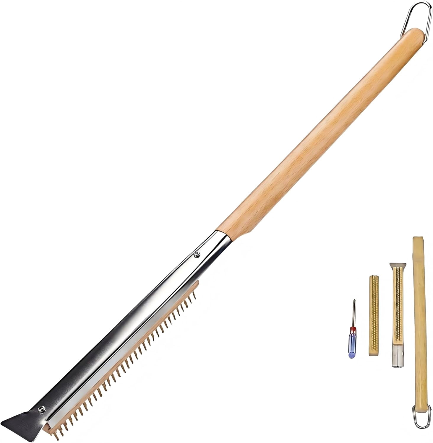 RVKXHD 26” Pizza Oven Brush with Scraper - Heat Resistant Brass Bristles, Extra Long Handle - Compatible with Ooni Ovens, Outdoor Ovens, BBQ Tools, Baking Stones and Griddles- Includes Spare Head