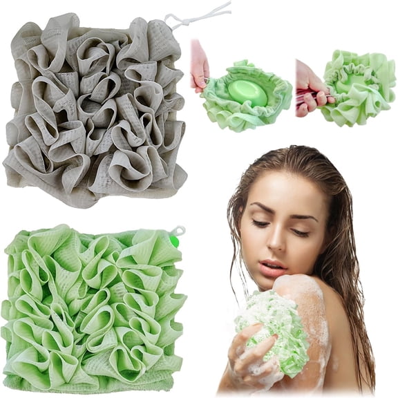 RVKXHD 2PCS 2 In 1 Washcloth Loofah, Natural Loofah Washcloths, with Bar Soap Pocket Towel with Drawstring Face and Body Cleansing for Smooth Skin Dual Sided Shower WashingLight Green, Deep Gray 
