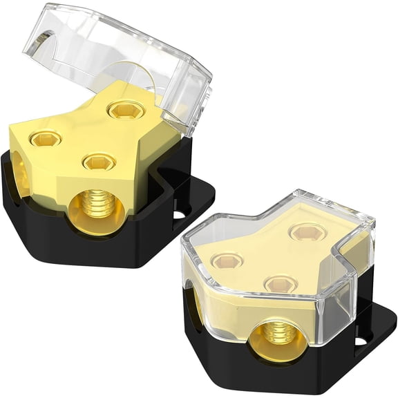 RVKXHD 2Pcs 12V Power Distribution Block Car Audio Splitter, 2 Way Amp Ground Block with Transparent Cover, 0/2/4 Gauge Input and 4/6/8 Gauge Output for Car Marine Boat Audio Wiring Accessories